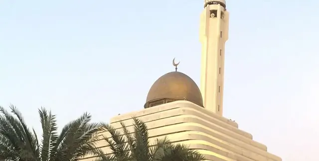 مسجد بمئذنة بين النخيل